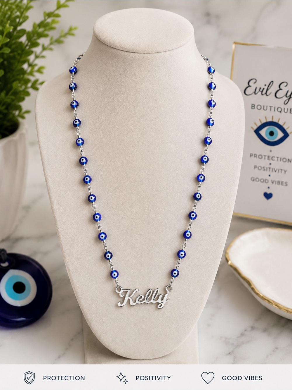 Personalized 'Kelly' Silver Name Necklace with Blue Evil Eye Beads